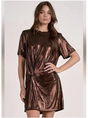 Elan Knotted Mini Tee Shirt / T-Shirt Dress Metallic Crew Neck Short Sleeve - L